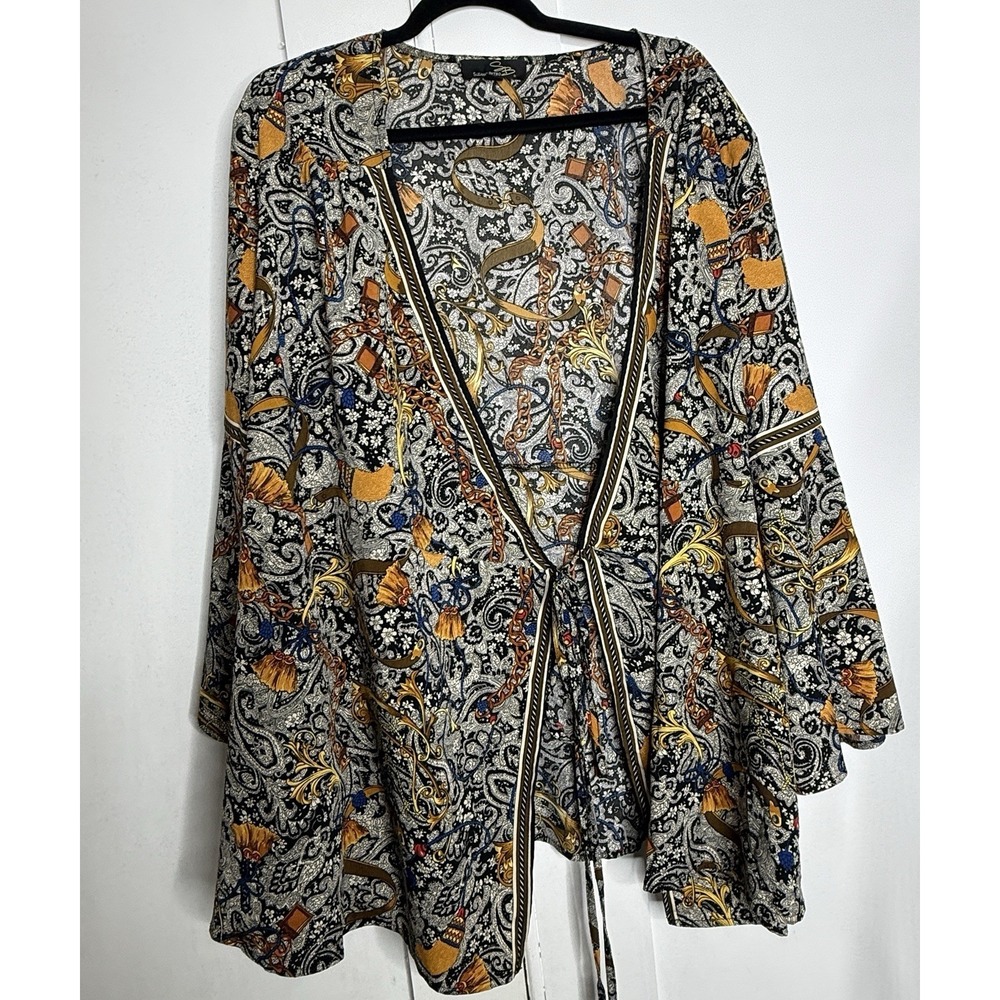 Suzanne Betro 2X Paisley Kimono Cardigan Boho Tie Front Bell Sleeve Open Front